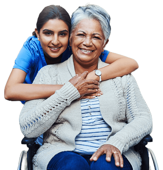 Elderly patient with her female nurse posing together